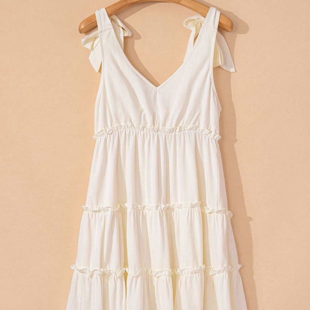 B283 Oatmeal Solid Color Tie Strap Ruffle Tiered Mini Dress - Picture 10 of 15